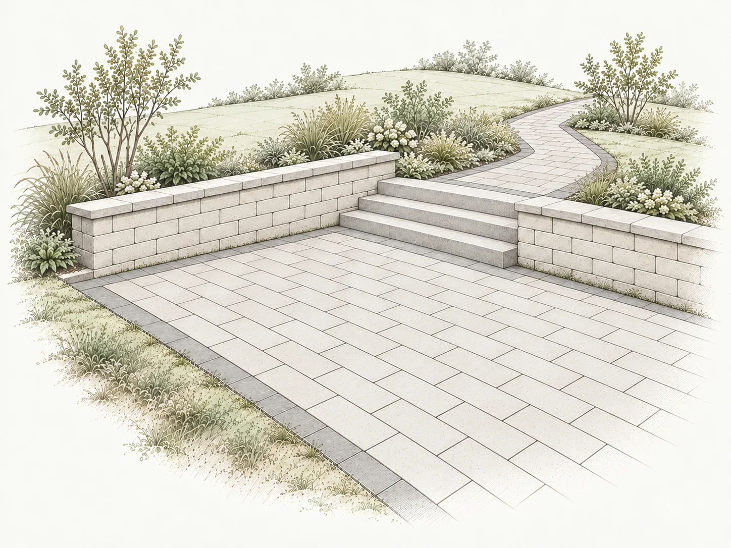 Illustration: Gepflasterte Hof- und Wegefläche mit Gartenmauer und drei breiten Stufen
